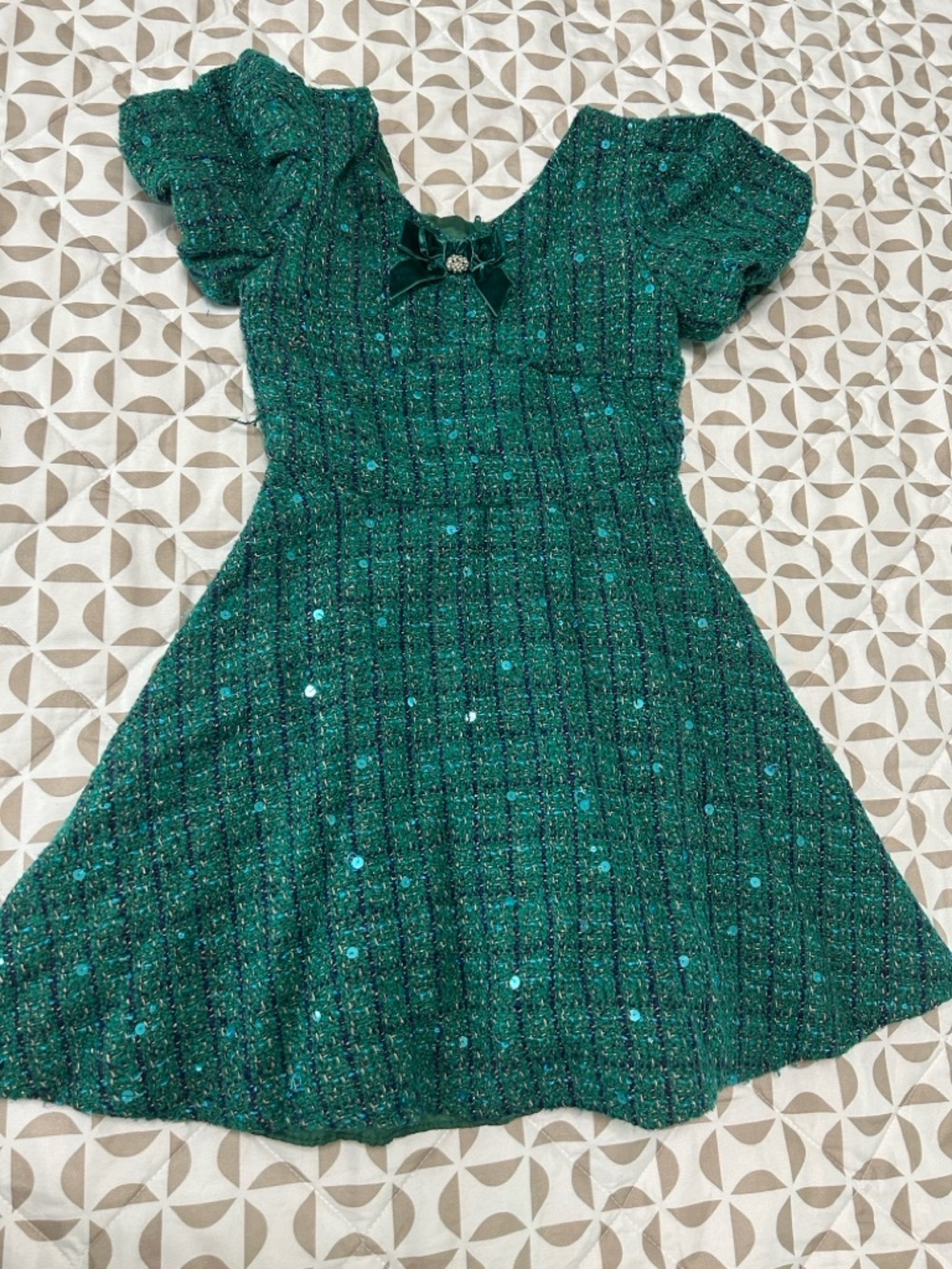 Rare Editions Emerald Green Sparkle Tweed Dress with Velvet Bow